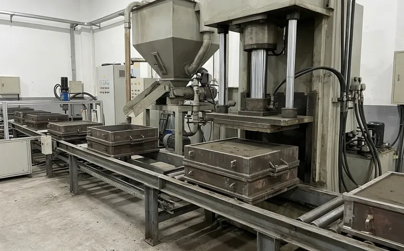 Automated molding line with hydraulic squeeze compaction forming green sand molds in cope-and-drag flasks