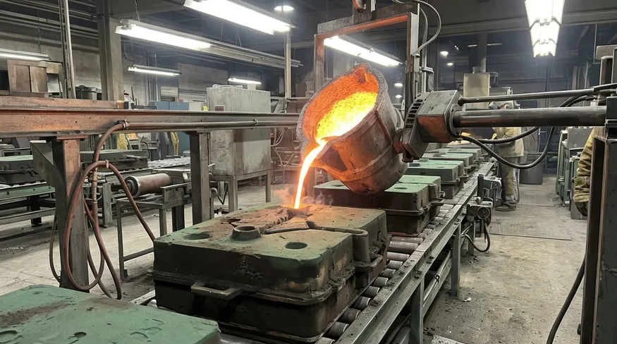 Automated ladle pouring molten iron into sand mold on a sand casting production line
