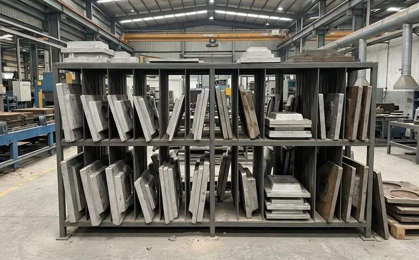 Pattern equipment storage rack with aluminum and steel pattern plates organized for quick changeover in a foundry production line