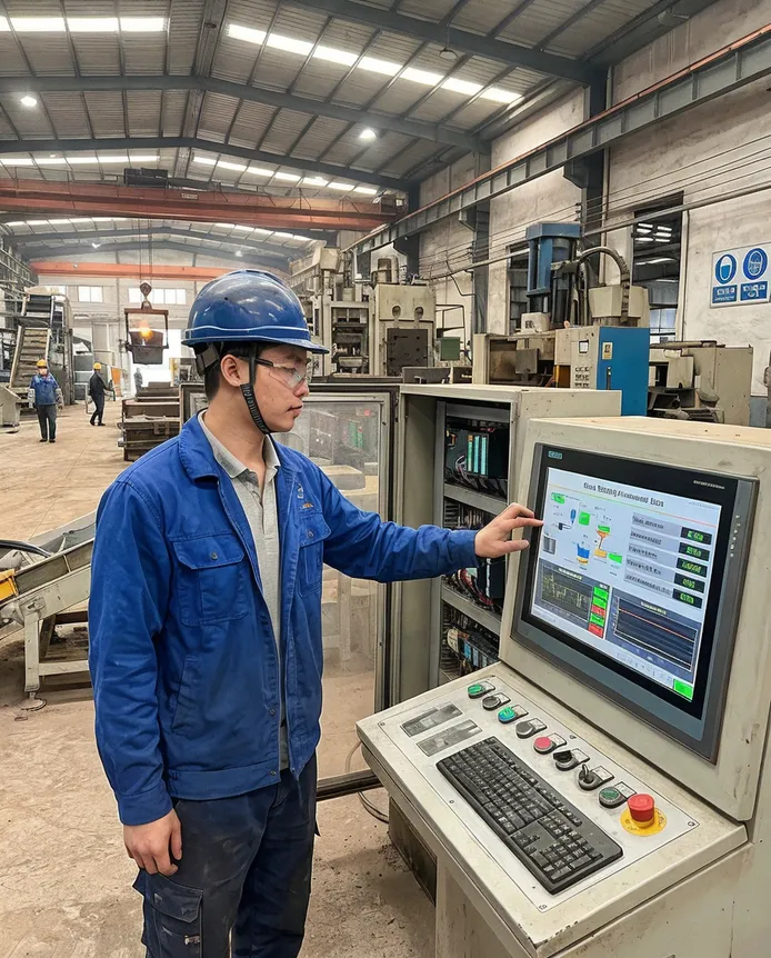 PLC control system with HMI station for sand casting production line monitoring