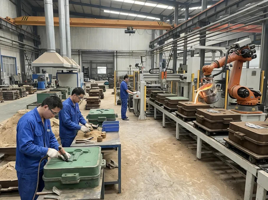 Sand casting production line automation levels ranging from manual molding to fully robotic pouring systems