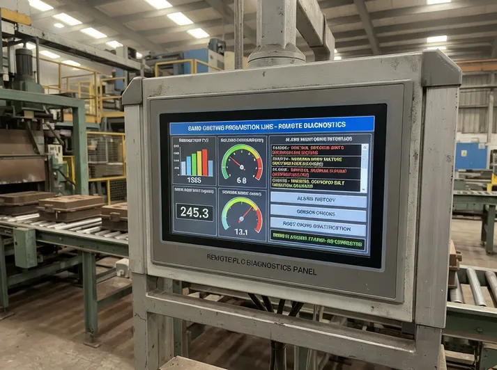 Remote PLC diagnostics panel for sand casting production line showing real-time sensor data and alarm monitoring interface