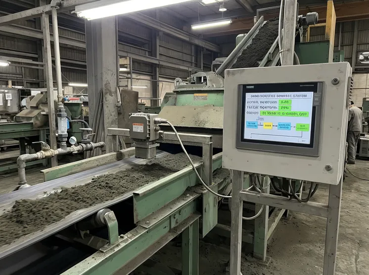 Automated closed-loop moisture control system on a green sand preparation line, showing PLC panel and microwave moisture sensor