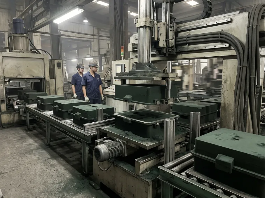 Sand mold assembly during automated production cycle showing rapid mold formation