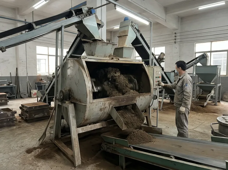 Industrial sand preparation mixer blending reclaimed sand with bentonite clay and water for green sand casting production