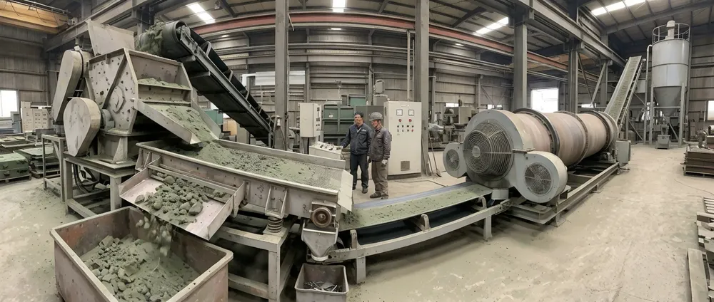 Sand reclamation system with crushers, vibrating screens, and cooling drums processing used foundry sand for reuse