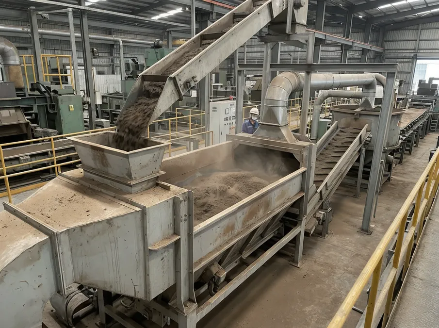 Fluidized bed cooler reducing reclaimed sand temperature before remixing in a high-volume foundry sand casting line