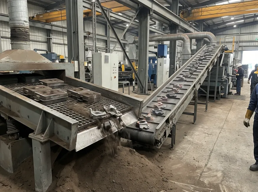 Industrial shakeout and cooling conveyor system separating castings from sand molds in a foundry production line