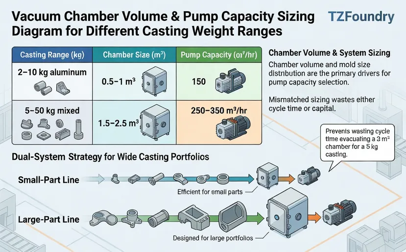 Vacuum chamber volume and pump capacity sizing diagram for different casting weight ranges
