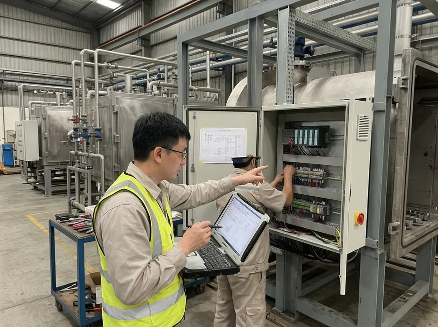 TZFoundry commissioning engineer supervising vacuum casting line installation and PLC hookup on-site