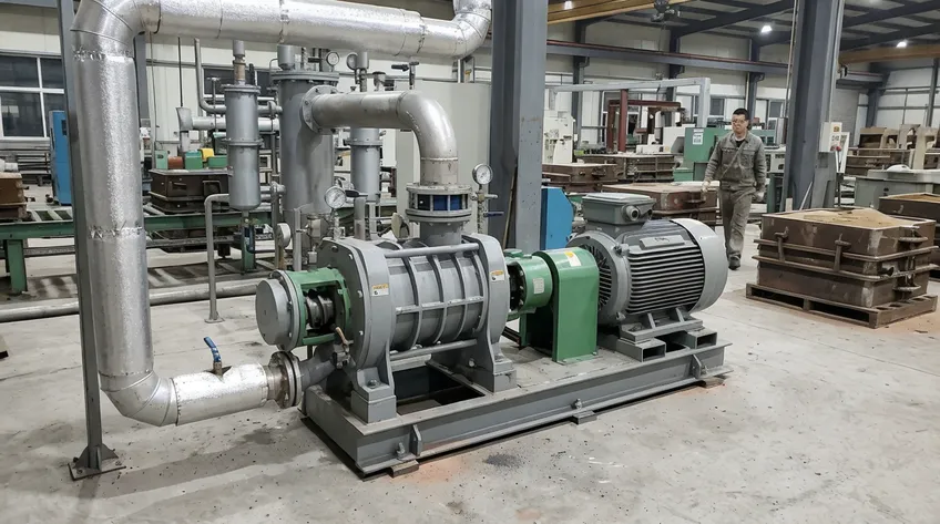 Dry screw vacuum pump for continuous foundry operations