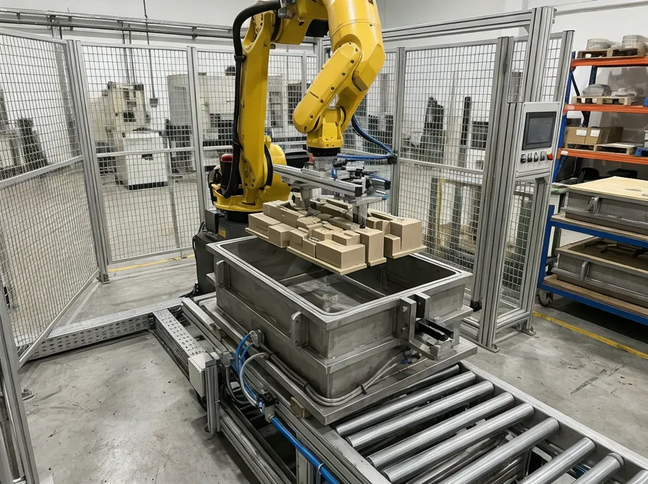 Robotic pattern placement system positioning multi-piece casting pattern into vacuum flask with precision alignment