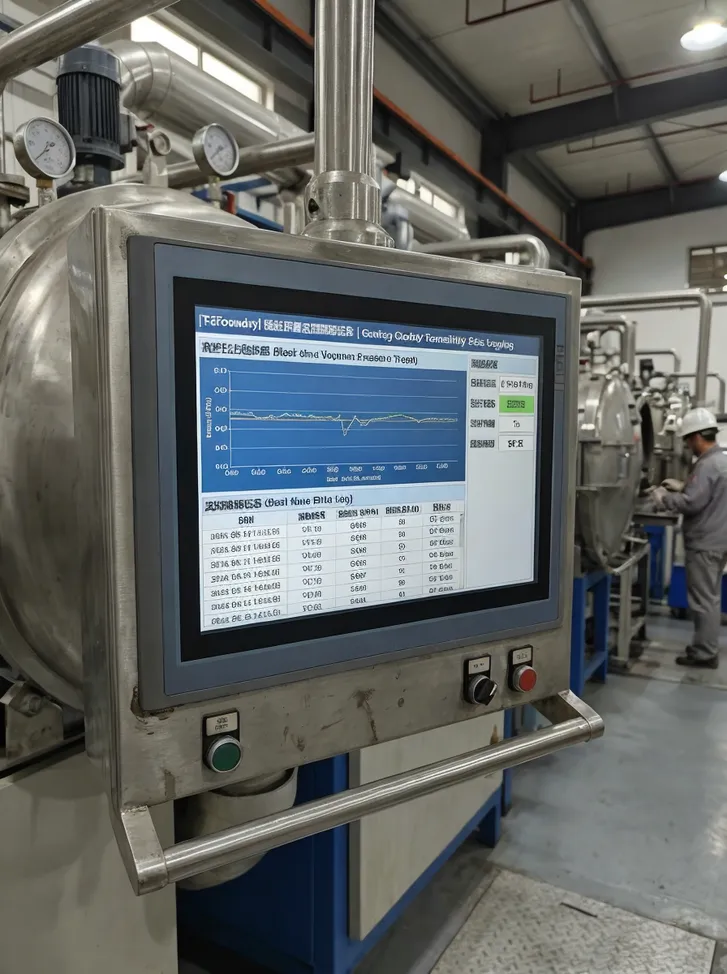 PLC interface screen displaying real-time vacuum pressure data logging for casting quality traceability