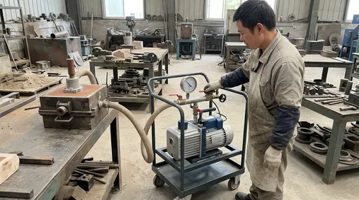 Portable vacuum unit with single rotary vane pump for small batch foundry operations