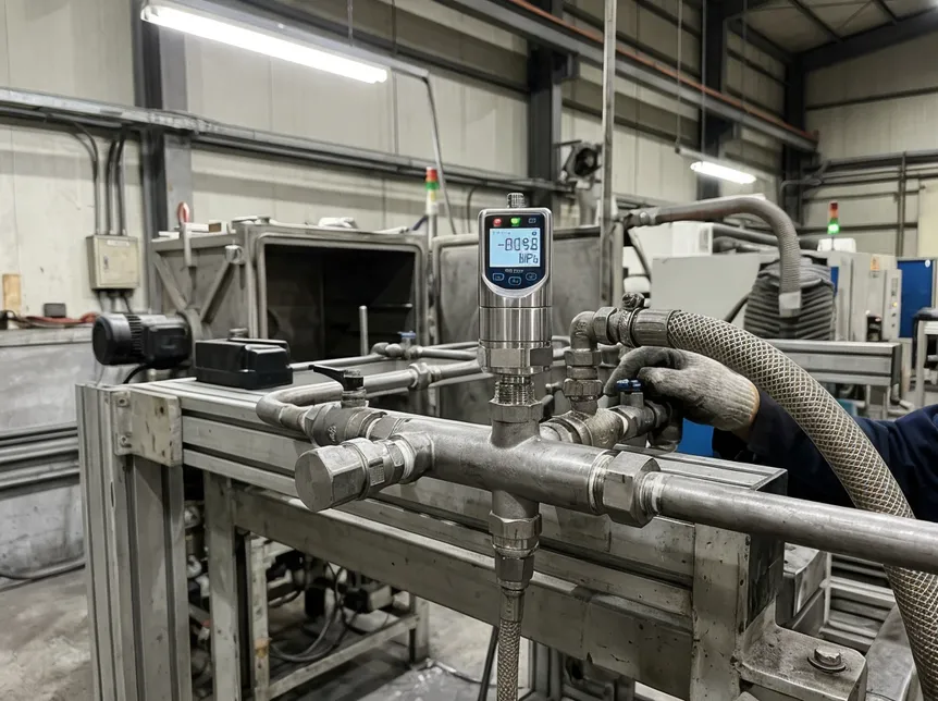 Digital pressure transducer installed on a vacuum casting manifold showing real-time pressure readings for quality monitoring