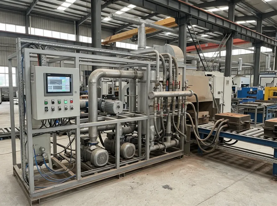 TZFoundry vacuum casting production line — modular vacuum system installed in a lost foam foundry with PLC control panel and manifold assembly
