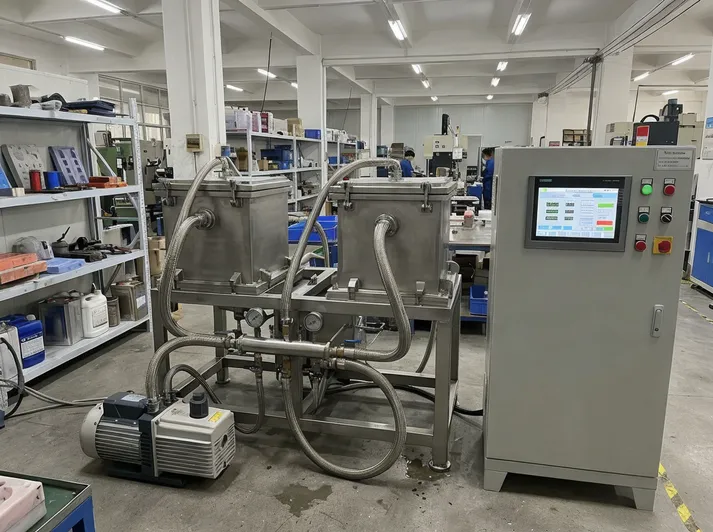 Mid-volume vacuum casting system with dual-station manifold and PLC control panel — typical $74,000–$94,000 configuration