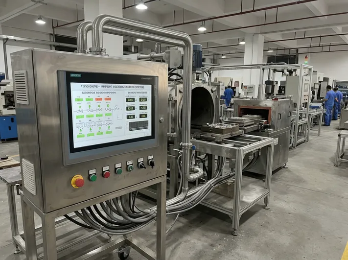 Integrated vacuum casting system with PLC control panel showing automated valve sequencing and pressure monitoring interface
