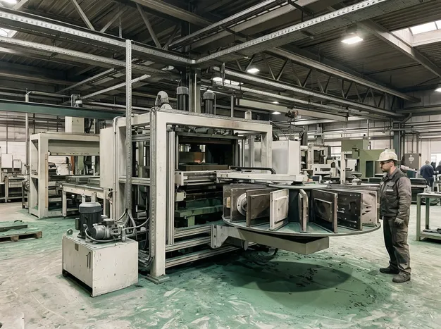 Vertical flaskless molding line adapted for low-ceiling European foundry with horizontal carousel pattern magazine