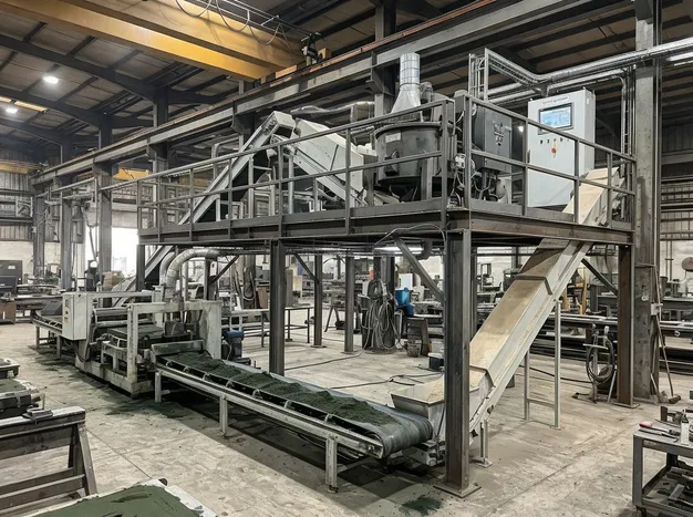 Dual sand system integration with mezzanine structure showing resin and clay sand conveyor paths in Saudi Arabian foundry