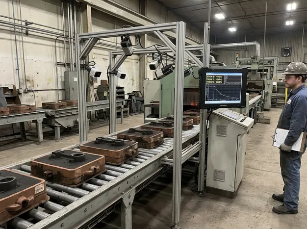 Extended cooling zone conveyor with infrared temperature monitoring for ductile iron casting line