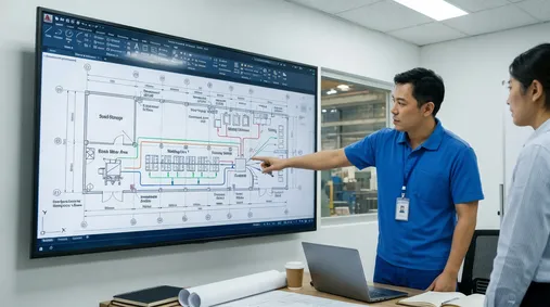 Engineer reviewing foundry production line layout CAD drawing with floor plan dimensions