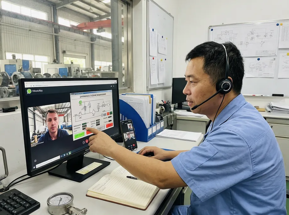 TZFoundry engineer guiding remote commissioning via video call, with PLC screen sharing and hydraulic system monitoring