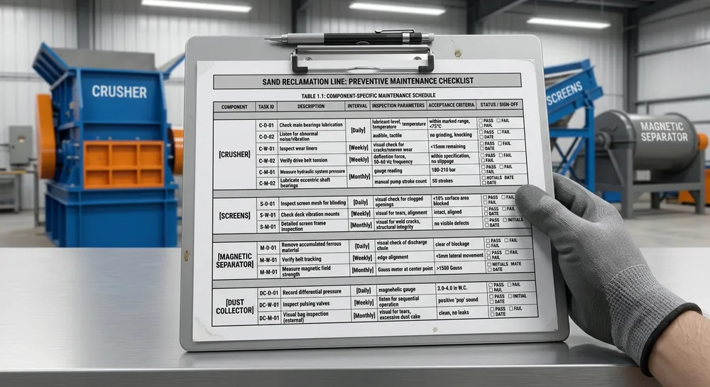 Foundry sand reclamation line maintenance schedule showing daily, weekly, and monthly inspection tasks with checkboxes