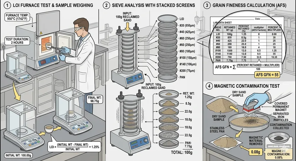 Step-by-step sand reclamation recovery rate testing procedure showing LOI test, sieve analysis, and grain fineness measurement