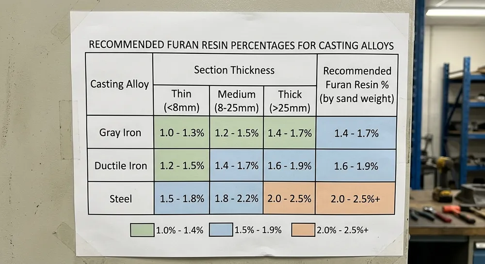 Recommended furan resin binder ratios for gray iron, ductile iron, and steel castings