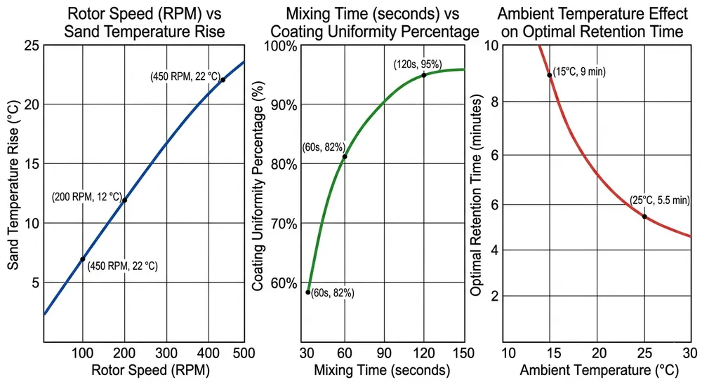 Mixer Parameter Calibration Chart Furan resin sand mixer calibration chart showing rotor speed, mixing time, and sand temperature relationships