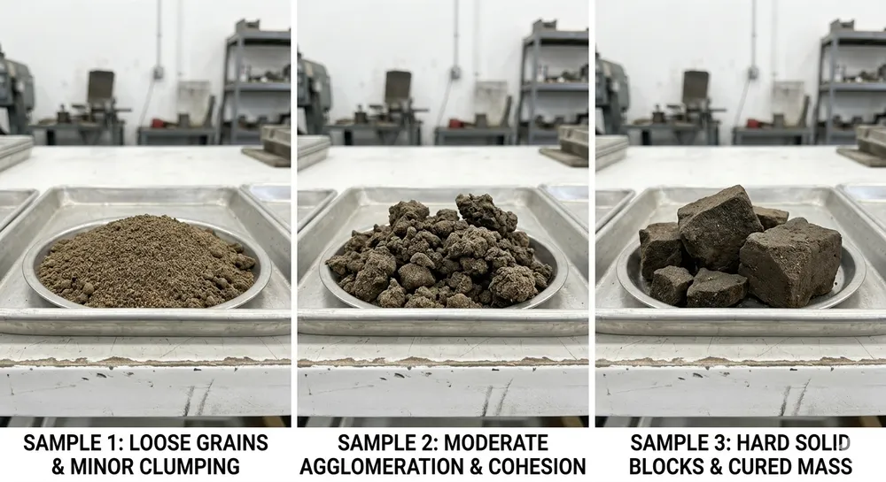 Clumping Severity Assessment Guide Visual guide showing three stages of resin coated sand clumping from light to severe with corrective actions