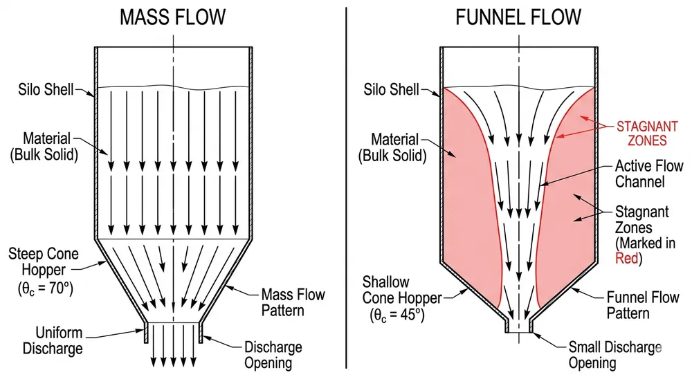 Silo Flow Pattern Comparison Comparison diagram showing mass flow silo design versus funnel flow for resin coated sand storage