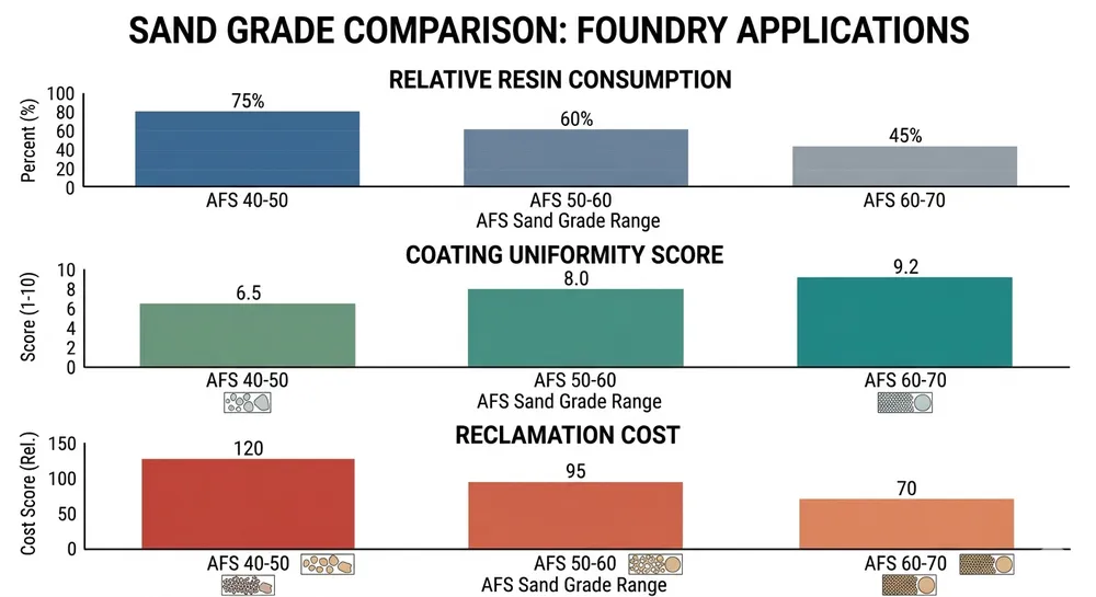 Comparison chart showing AFS sand grade ranges, resin consumption, and coating uniformity for different casting applications