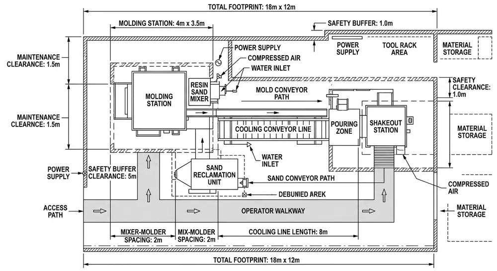 Installation Footprint and Clearance Requirements Resin sand casting machine installation footprint diagram showing floor space, clearance zones, and ceiling height requirements