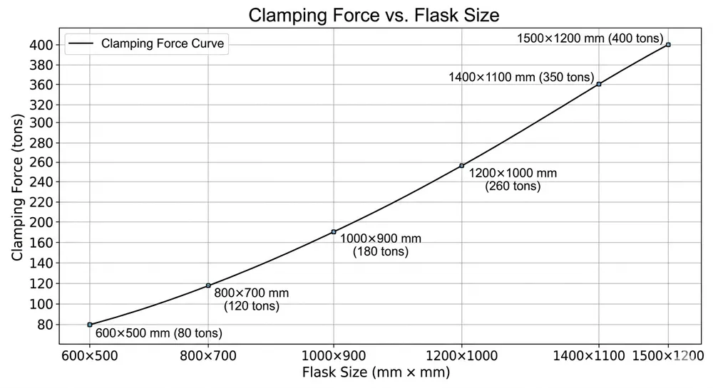 Mold Size vs Clamping Force Reference Chart Resin sand casting machine mold size vs clamping force reference chart showing flask dimensions and required tonnage