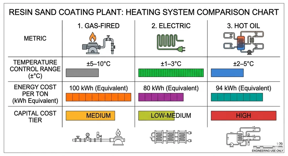 Heating System Comparison for Coating Plants Comparison chart of gas-fired, electric, and hot oil heating systems for resin sand coating plants showing temperature control accuracy and energy cost per ton