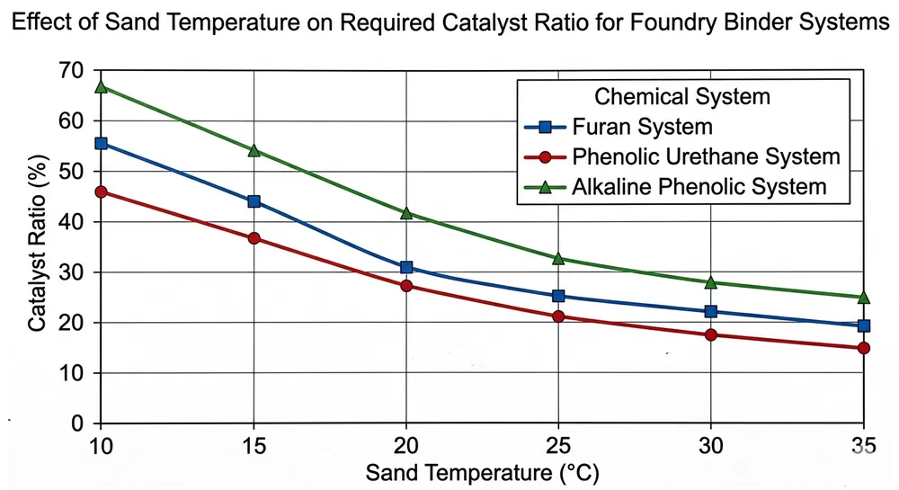 Binder-Catalyst Ratio vs Sand Temperature Reference chart showing binder-to-catalyst ratios for furan, phenolic urethane, and alkaline phenolic resin systems across different sand temperatures