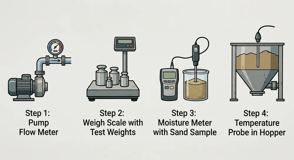 Pre-Calibration Verification Checklist Visual checklist showing four pre-calibration verification steps for resin sand mixer binder dosing systems