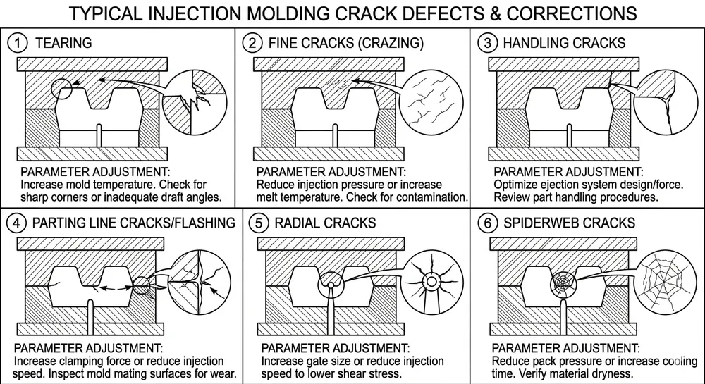 Resin Sand Mold Crack Pattern Diagnostic Chart Diagnostic chart showing six common resin sand mold crack patterns with corresponding curing parameter adjustments