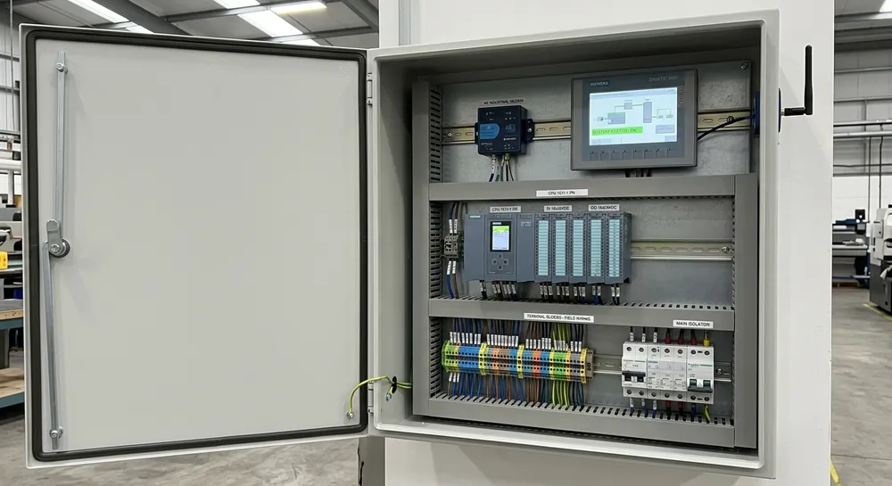 PLC Control Cabinet Component Layout Resin sand production line PLC control cabinet showing Siemens controller, HMI touchscreen, and remote diagnostics module