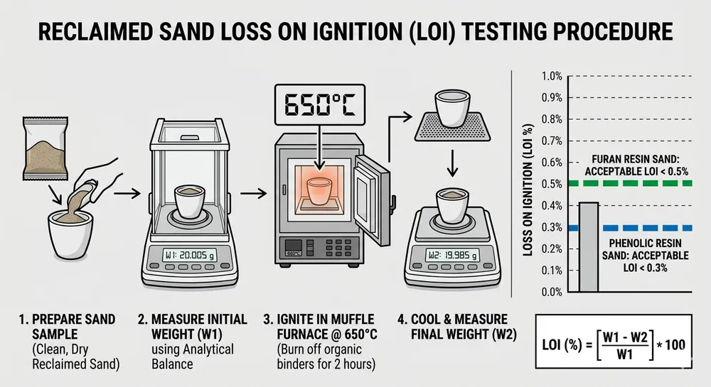 Reclaimed Sand LOI Testing and Thresholds Reclaimed sand LOI testing procedure and acceptable thresholds for furan and phenolic resin sand systems showing furnace temperature and carbon residue limits