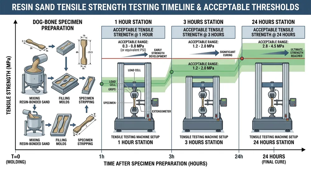 Resin Sand Tensile Strength Testing Timeline Resin sand tensile strength testing timeline showing specimen preparation and strength measurement at 1 hour, 3 hours, and 24 hours after mixing