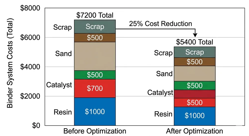 Binder cost comparison chart showing cost breakdown before and after equipment optimization for resin sand production line