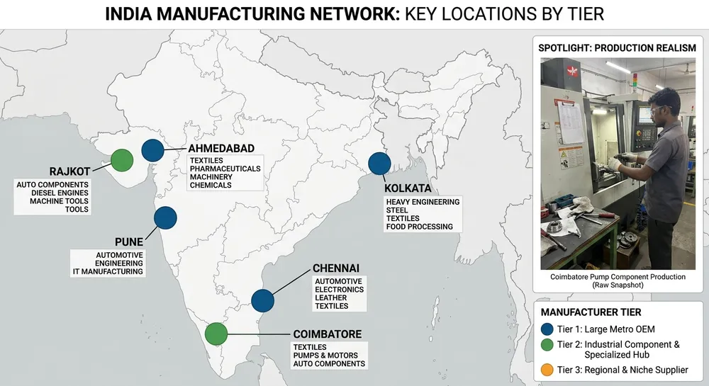 Indian Resin Sand Equipment Manufacturer Locations Geographic distribution map of major resin sand production line manufacturers across India showing clusters in Gujarat, Maharashtra, and Tamil Nadu