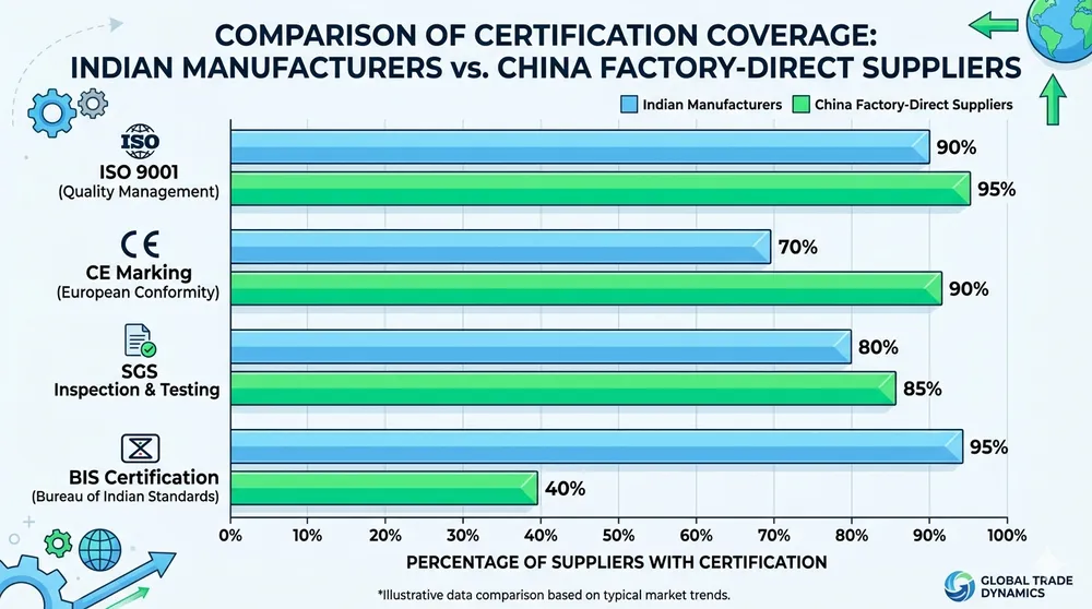 Certification Coverage Comparison Certification coverage comparison chart showing ISO, CE, and SGS certification rates across Indian manufacturers vs China factory-direct suppliers