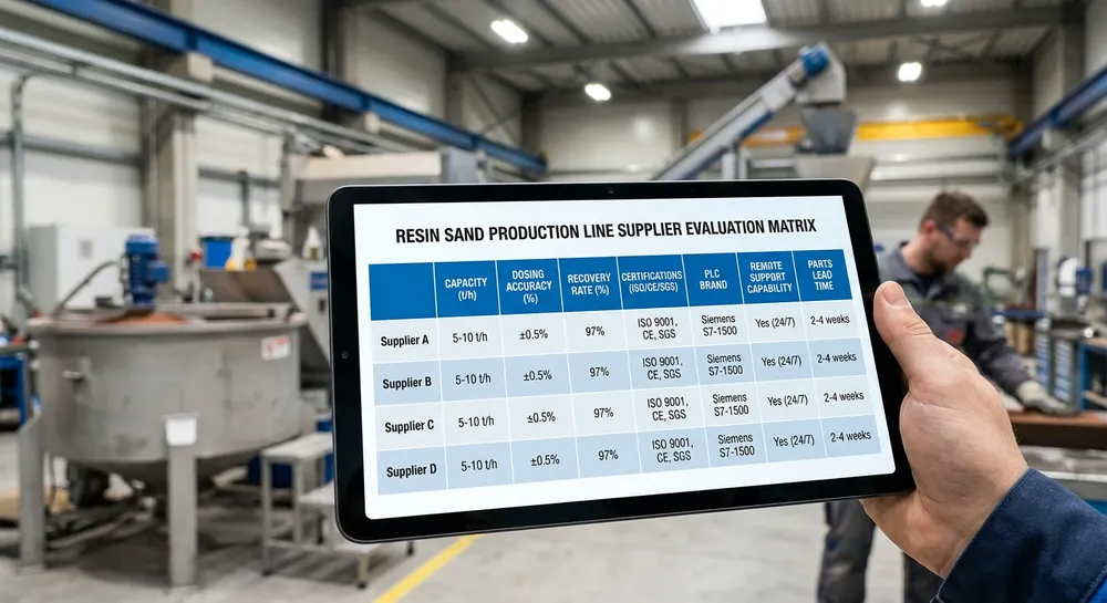 Resin Sand Line Supplier Evaluation Matrix Evaluation criteria matrix for resin sand production line manufacturers showing capacity, certifications, and support infrastructure