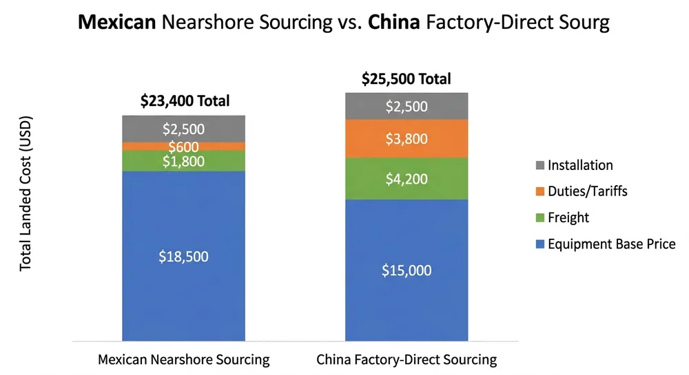 Mexico vs China Landed Cost Comparison Landed cost comparison chart showing Mexican nearshore vs China factory-direct pricing for resin sand production lines including equipment, freight, duties, and installation