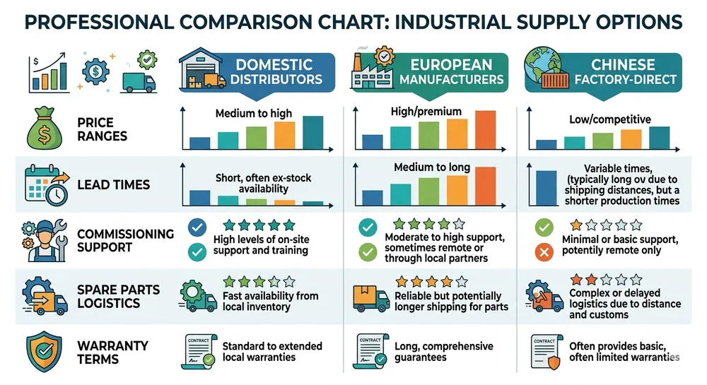Supplier Channel Comparison - Domestic vs Import Comparison chart showing pricing, lead time, and support differences between domestic distributors, European manufacturers, and Chinese factory-direct resin sand line suppliers