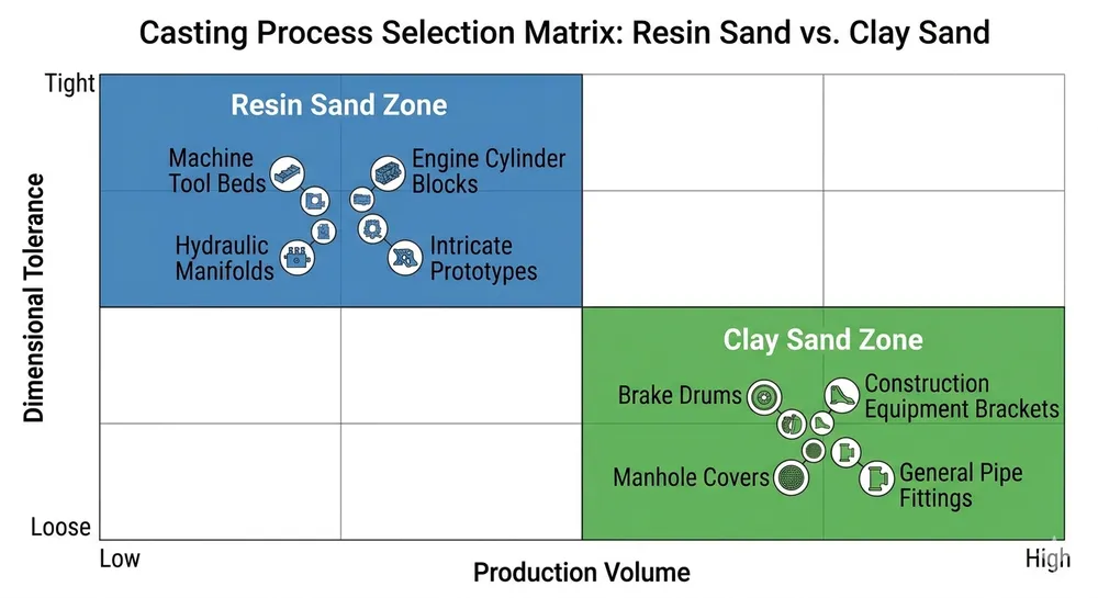 Resin Sand vs Clay Sand Application Selection Matrix Decision matrix showing which sand production line to choose based on casting tolerance and production volume